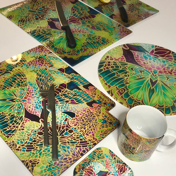 Plum Green Table Mats - Beautiful Butterfly place mats - Green butterfly chopping boards