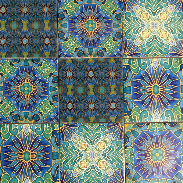 Teal Blooms Mixed Tile Set - Emerald, Blue, Jade  Gold Tiles - Beautiful Tile - Bohemian Tiles