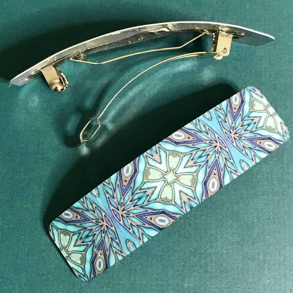 Teal Aqua Green Mosaic Look Hair Barrette - Arts and Crafts Style Hair Clip