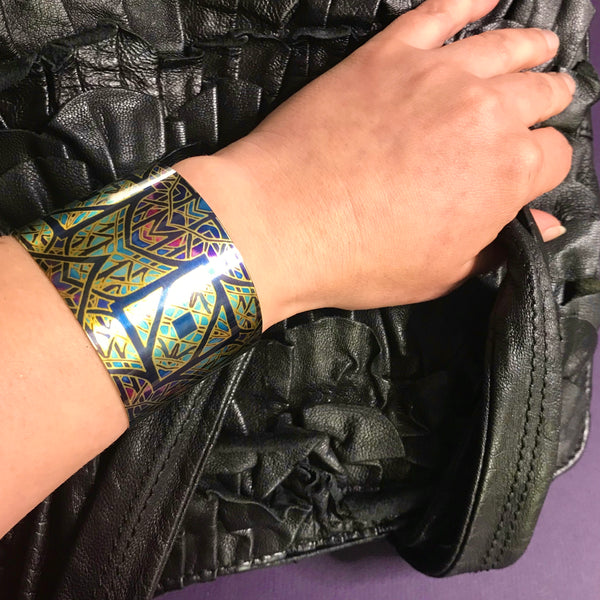 Cathedral Rose Window Bracelet in rich stained glass sunset colours- easy wear lightweight aluminium.