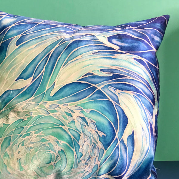 Blue Aqua Dolphins Cushion - Ultramarine Turquoise Chenille Fabric - Intricate pattern pillow