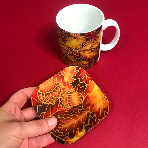 Autumnal Oak Leaves and Acorns Mug - Mug and Coaster Box Set - Red Mug Set - Leaves Mug Gift