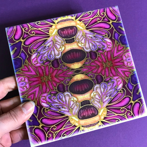 Plum gold square 6x6” bee tiles. Honey bee bathroom tiles. Bumble bee kitchen tiles. bathroom remodel. kitchen makeover. Hand printed by Meikie