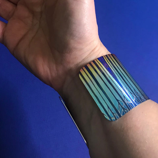 Cathedral Tree Stripes Bracelet in rich stained glass sunset colours- easy wear lightweight aluminium.