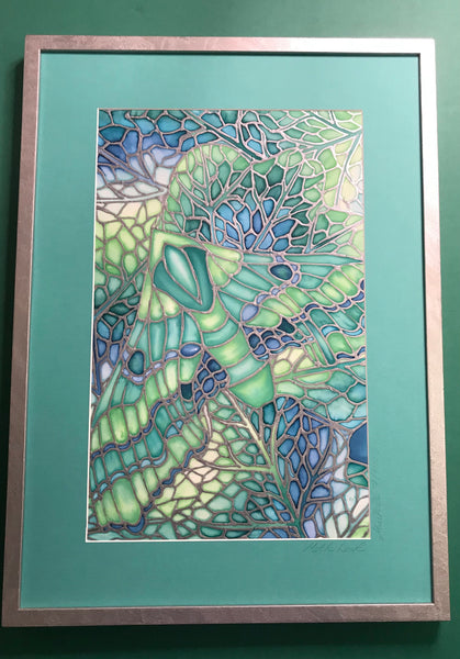 SOLD - Green Moth Original Silk Painting - Moth & Butterfly Arty - Green Lime Turquoise Art