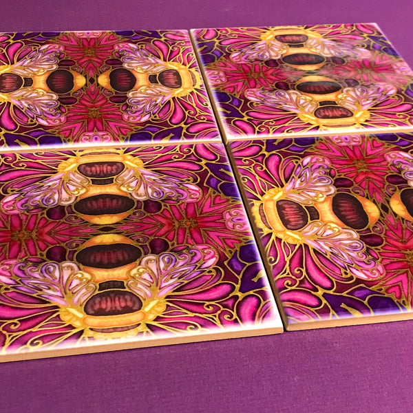 Plum gold square 6x6” bee tiles. Honey bee bathroom tiles. Bumble bee kitchen tiles. bathroom remodel. kitchen makeover. Hand printed by Meikie