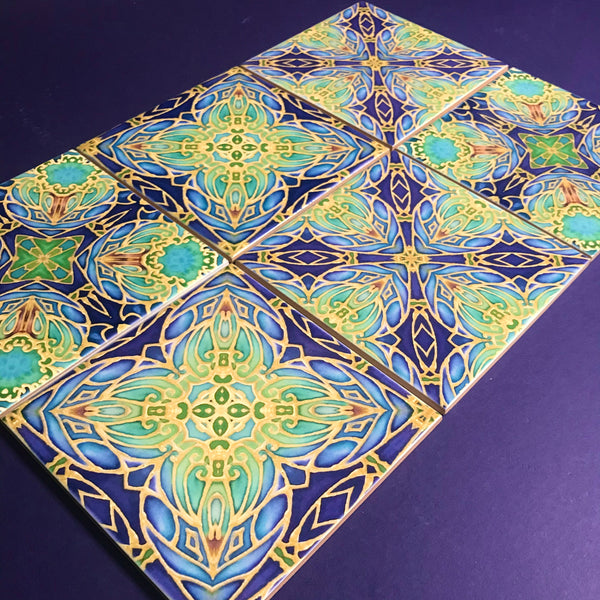 Italian Style Flowers Mixed Tiles Set - Blue Green Gold Tiles - Beautiful Bohemian Tiles