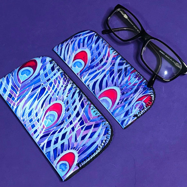 Blue Purple Red Peacock Feathers glasses cover - Reading / Large Glases Cover
