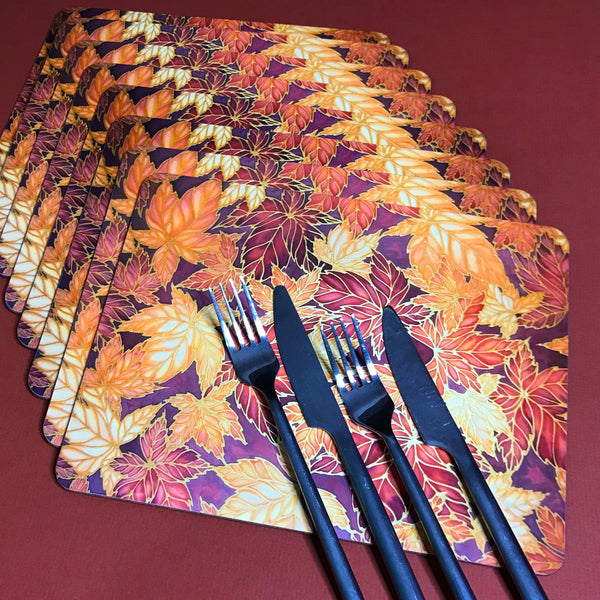 Terracotta Leaves Placemats & Coasters - Caramel Table Mats  - Heatproof glass chopping boards