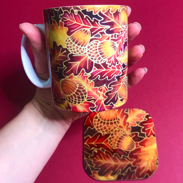 Autumnal Oak Leaves and Acorns Mug - Mug and Coaster Box Set - Red Mug Set - Leaves Mug Gift