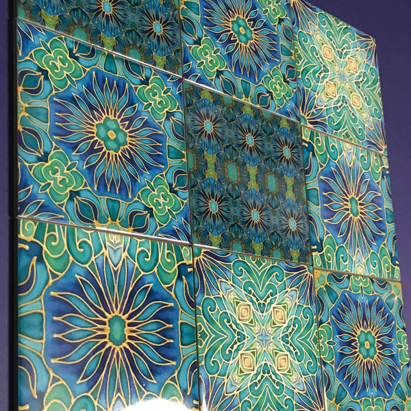 Teal Blooms Mixed Tile Set - Emerald, Blue, Jade  Gold Tiles - Beautiful Tile - Bohemian Tiles