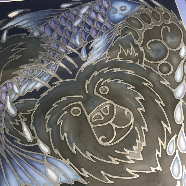 Happy Bear Silk Painting - Bear with Fish Original Art - Black Bear Painting