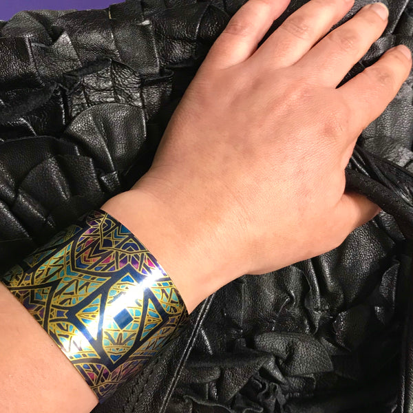 Cathedral Rose Window Bracelet in rich stained glass sunset colours- easy wear lightweight aluminium.