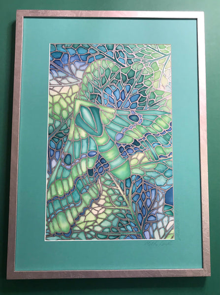 SOLD - Green Moth Original Silk Painting - Moth & Butterfly Arty - Green Lime Turquoise Art