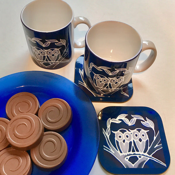 Owls Mug & Coaster - Blue Owl Mug Set - Owl Mug Gift - Woodland Lovers