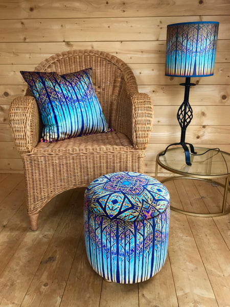 SOLD Stunning Cathedral Window Round Footstool with storage - one off Bespoke Upholstery.