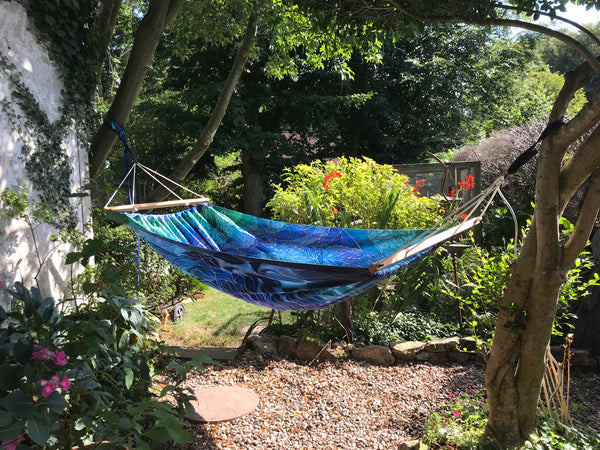 Gorgeous Blue Green Reversible Hammock - featuring Blue Shoal on one side and Dragonflies on the reverse.