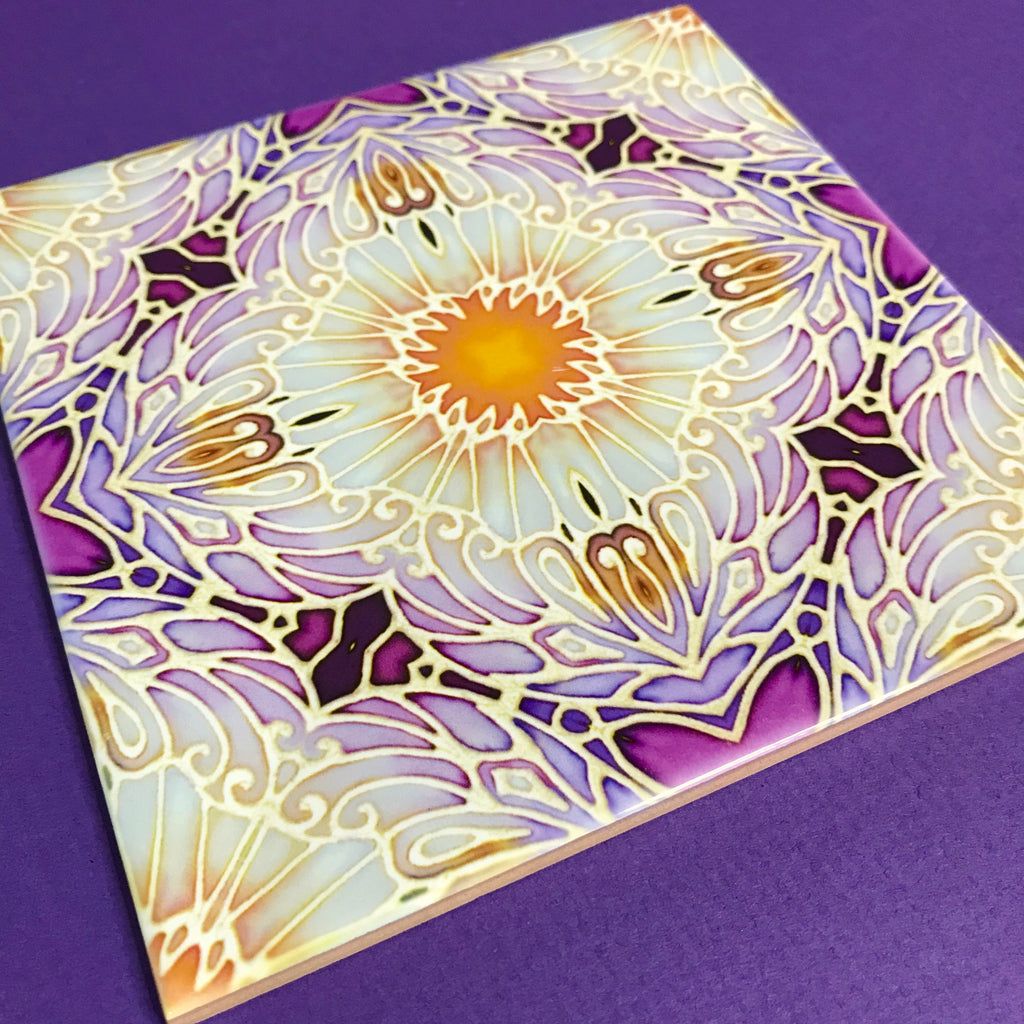 Pretty Stylised Daisy Tiles - Creamy White and Plum Bohemian Ceramic Printed Tiles