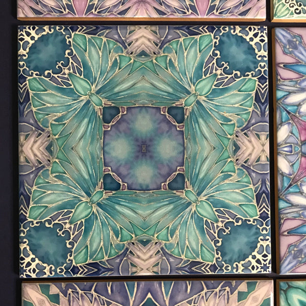 Pretty Butterflies and Flowers set of 8 Tiles - Lilac Turquoise Bohemian Ceramic Printed Tiles