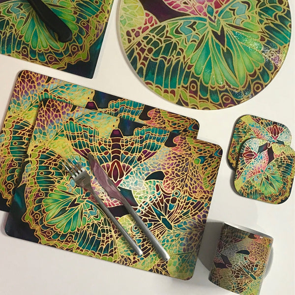 Plum Green Table Mats - Beautiful Butterfly place mats - Green butterfly chopping boards