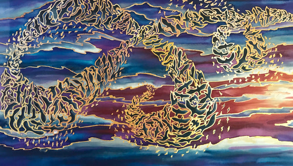 Sunset Murmuration Painting - Swooping Birds hand painted silk  - Blue Purple Red Sunset Original Art