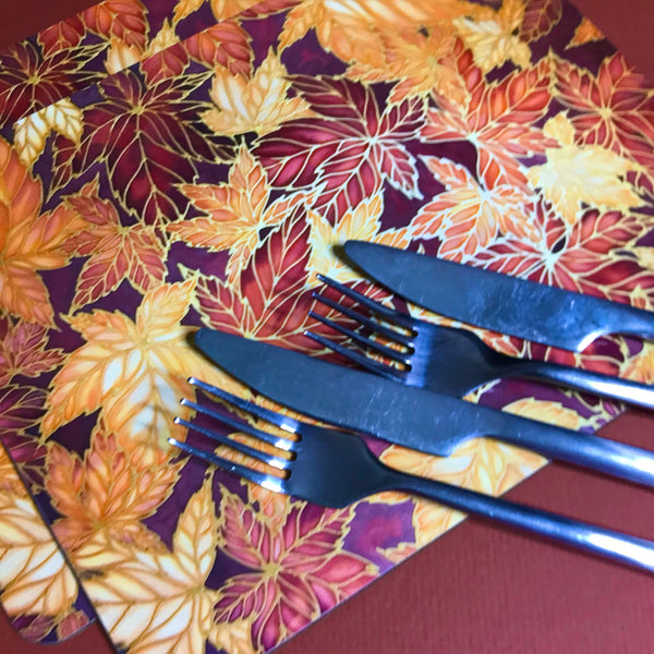 Terracotta Leaves Placemats & Coasters - Caramel Table Mats  - Heatproof glass chopping boards