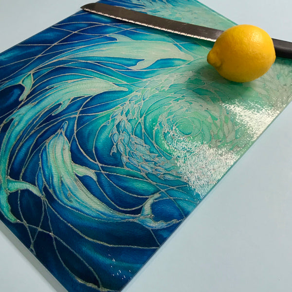 Dolphins Glass Chopping Board - Dolphin Trivet - Blue Pot Stand - Heat Proof Table Top Saver - Decorative Platter