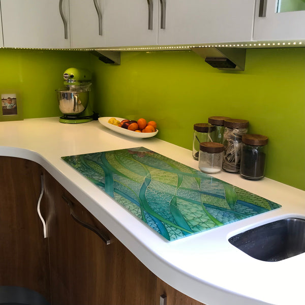 Stunning Extra Large Green Glass Counter Saver - Lime Mint Aqua Worktop Protector