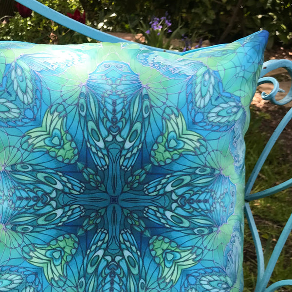 Sea Green Butterfly Showerproof Cushion - Showerproof Garden Cushions - Blue green turquoise Cushion