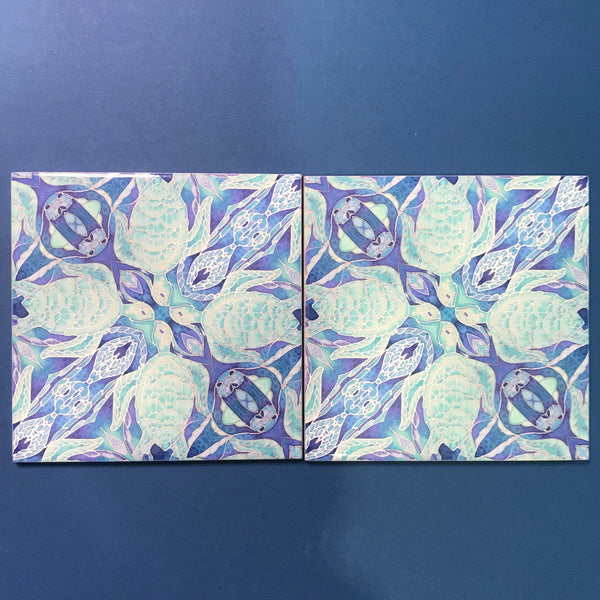 Turtles Waltz Blue Aqua Green Ceramic Tiles -  Ceramic Hand Printed Tiles