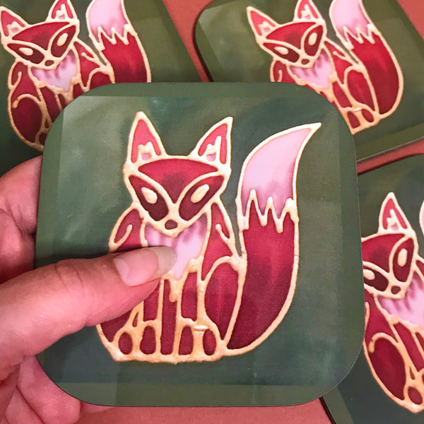 Cute Fox Mug & Coaster - Fox Mug Box Set - Green Red Fox Mug - Fox Lovers Mug Gift
