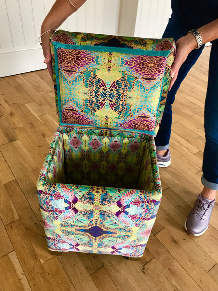 SOLD Sumptuous luxury velvet footstool with storage -  green velvet stool with storage - one off Bespoke Upholstery.
