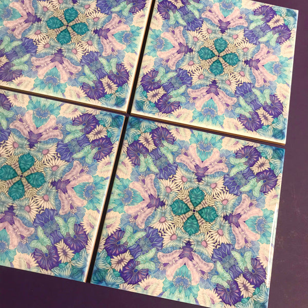 Pretty Stylised Flower Tiles - Lilac Turquoise Bohemian Ceramic Printed Tiles