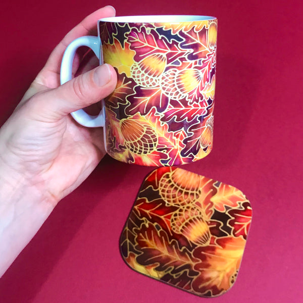 Autumnal Oak Leaves and Acorns Mug - Mug and Coaster Box Set - Red Mug Set - Leaves Mug Gift