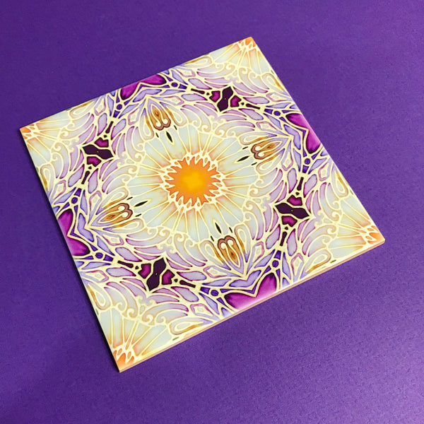 Pretty Stylised Daisy Tiles - Creamy White and Plum Bohemian Ceramic Printed Tiles