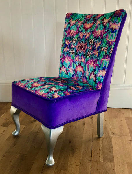SOLD Purple Irises Bedroom Chair - Iris Flowers Small Chair - Bespoke Upholstery.