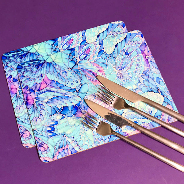 Table Mats Blue Butterflies - blue green turquoise placemats -  butterfly coasters tableware - glass chopping boards / counter savers, serving trays, mugs and mouse mats