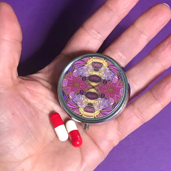 Pink Purple Honey Bee Compact Pill Box - Stud Earing Jewellery Box