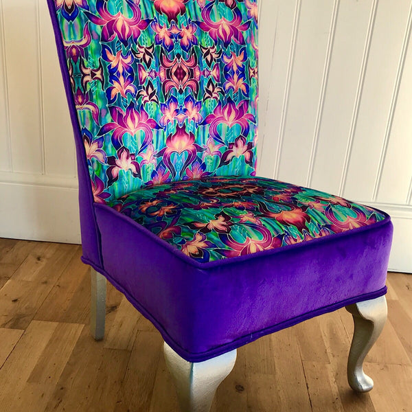 SOLD Purple Irises Bedroom Chair - Iris Flowers Small Chair - Bespoke Upholstery.