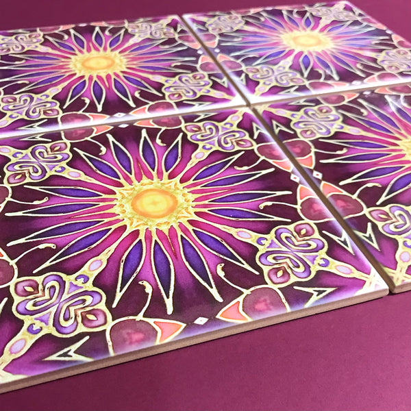 Flower Tiles in Rich Plum - Beautiful Ceramic Bohemian Tiles - Kitchen Bathroom Tiles