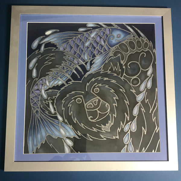 Happy Bear Silk Painting - Bear with Fish Original Art - Black Bear Painting