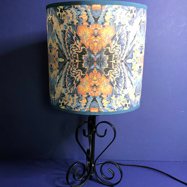 Contemporary Grey Blue Orange Butterfly Moth Lamp shade - Butterfly Moth Drum Shade - Atmospheric lamp Shade