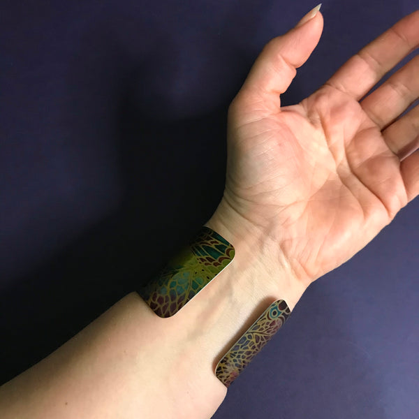 Teal Green and Beaujolais Butterfly Moth Cuff Bracelet - Comtemporary Green Bangle - easy wear lightweight aluminium.