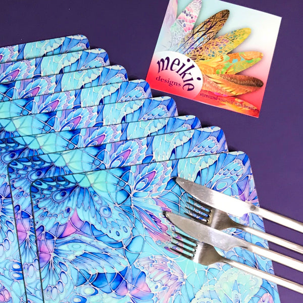 Table Mats Blue Butterflies - blue green turquoise placemats -  butterfly coasters tableware - glass chopping boards / counter savers, serving trays, mugs and mouse mats