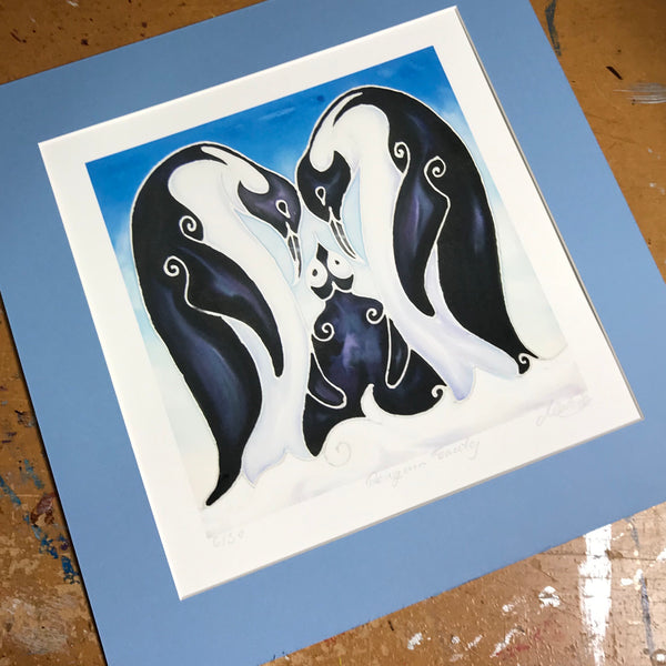 Loving Penguin Family Signed Print - Penguins with Baby - Blue Penguin Bathroom Art