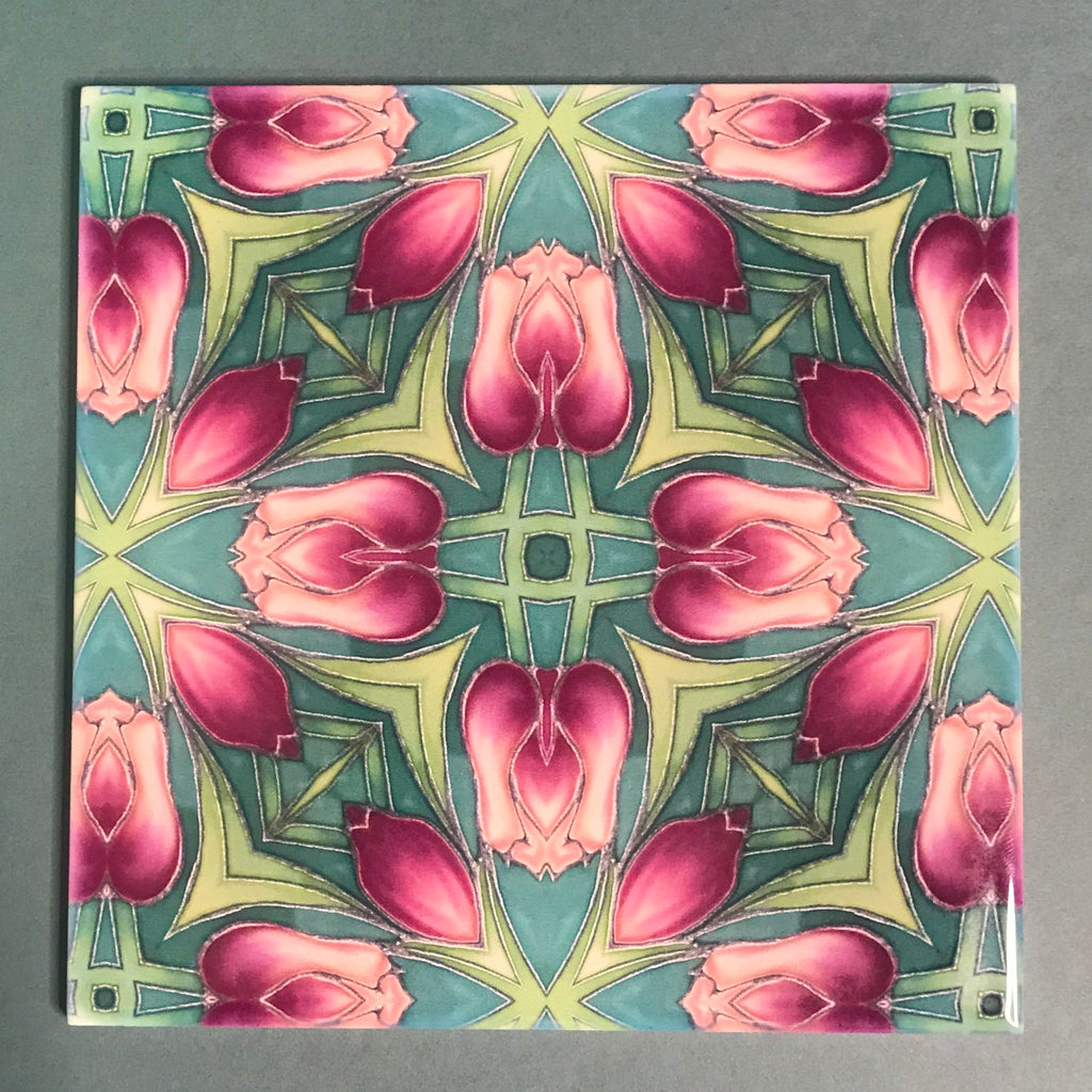 Nouveau Rich Pink Tulips Tiles. Arts and Crafts look Bathroom Tiles or Kitchen Tiles
