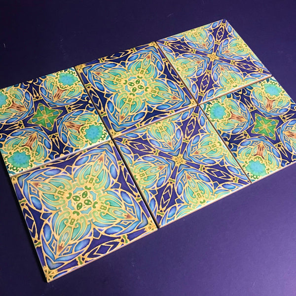 Italian Style Flowers Mixed Tiles Set - Blue Green Gold Tiles - Beautiful Bohemian Tiles