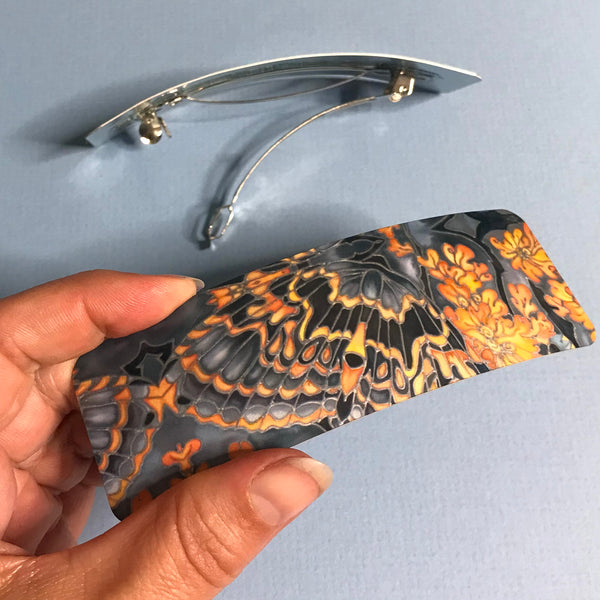 Grey Orange Charcoal Butterflies Moth Large hair clip, barette, hairslide, stocking filler, gift for her, gift for woman, gifts for girls, pretty presents.