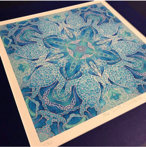 Blue Turtle Mandala Signed Print - Sea life Art - Blue Turtles Bathroom Art