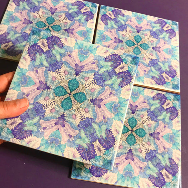 Pretty Stylised Flower Tiles - Lilac Turquoise Bohemian Ceramic Printed Tiles
